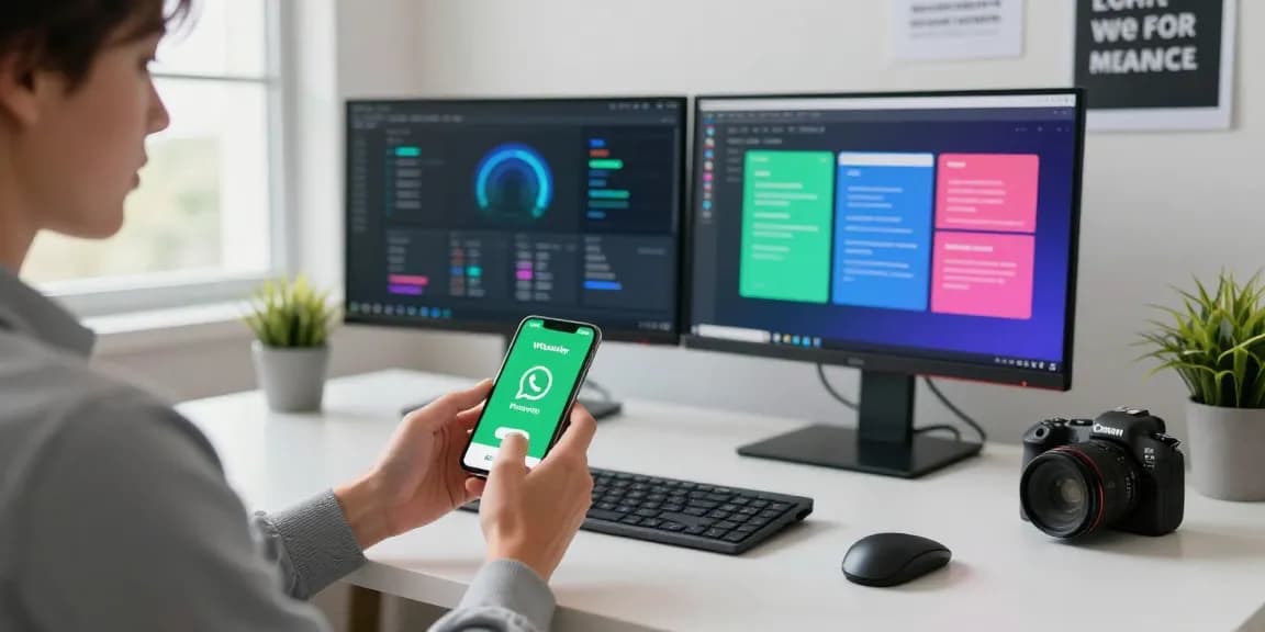Person downloading WhatsApp下載 on smartphone in a modern workspace.