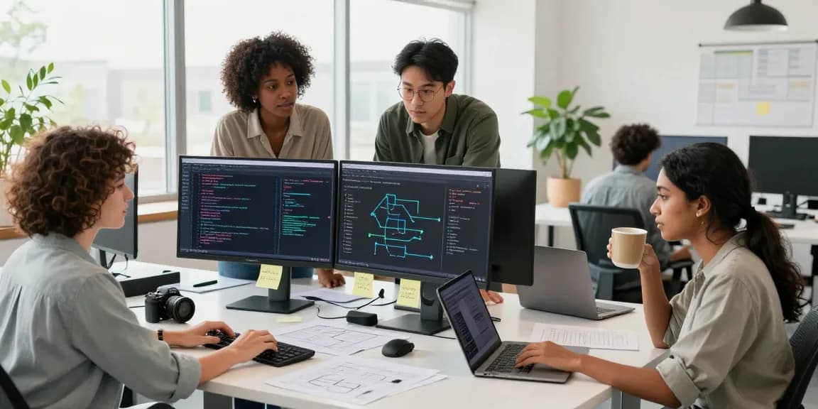 Diverse team of developers collaborating in a modern office, focused on Web3 project with dual monitors and coding elements.