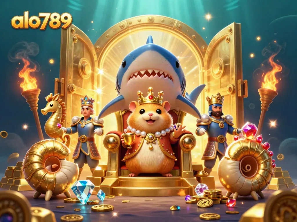 Experience thrilling games with alo789 in this vibrant 3D digital illustration of a fantasy casino scene.