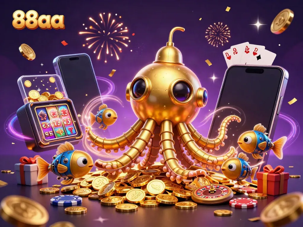 Experience thrilling gameplay with 88aa as the golden kraken submarine brings excitement in a dazzling casino scene.