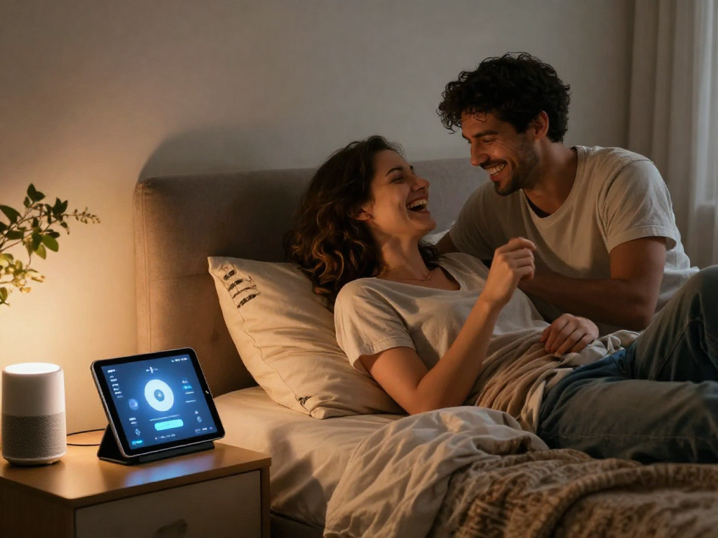 Couple enjoying AI sex technology in a romantic bedroom setting, showcasing smart devices and ambient lighting.