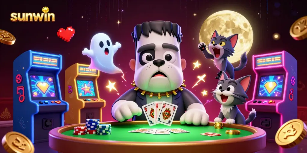 Experience thrilling gameplay at Sunwin with a cartoon bulldog dealer, glowing game machines, and festive casino atmosphere.