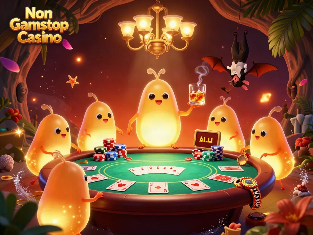 Explore an engaging Non Gamstop Casino scene with glowworms illuminating a vibrant poker table.