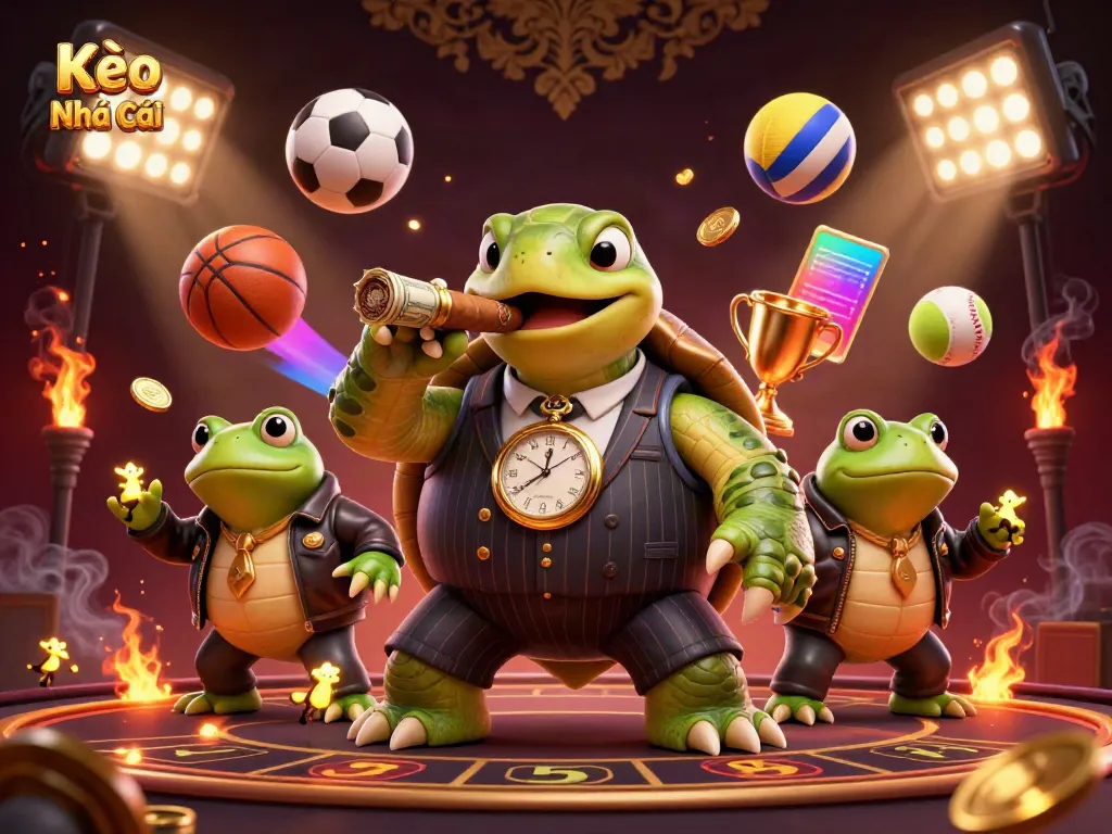 Kèo Nhà Cái illustration featuring a turtle mobster and bullfrog enforcers, surrounded by dynamic sports elements.