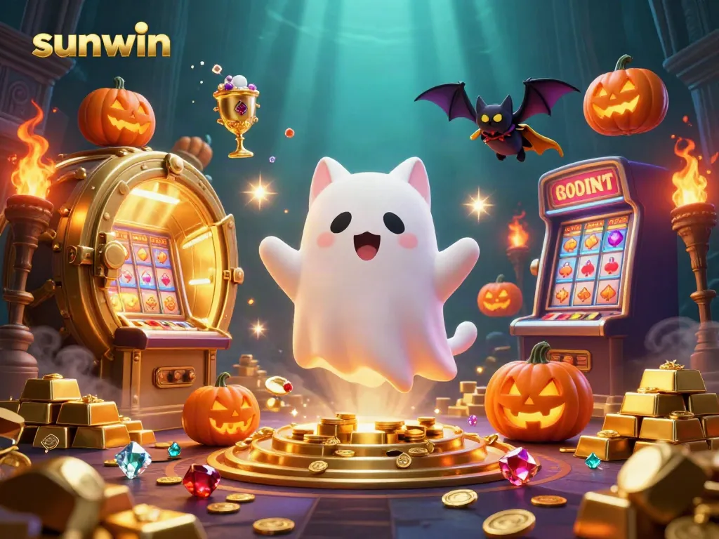 Join the fun at sunwin with a friendly ghost cat and a vampire bat in a vibrant casino setting.