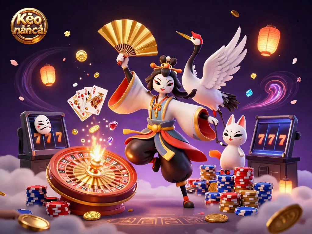 Kèo nhà cái illustration with kabuki warrior and kitsune mask amidst dynamic casino elements.