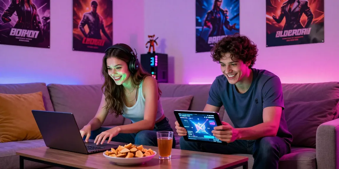 Couple enjoying porngames in a cozy living room with vibrant lighting.