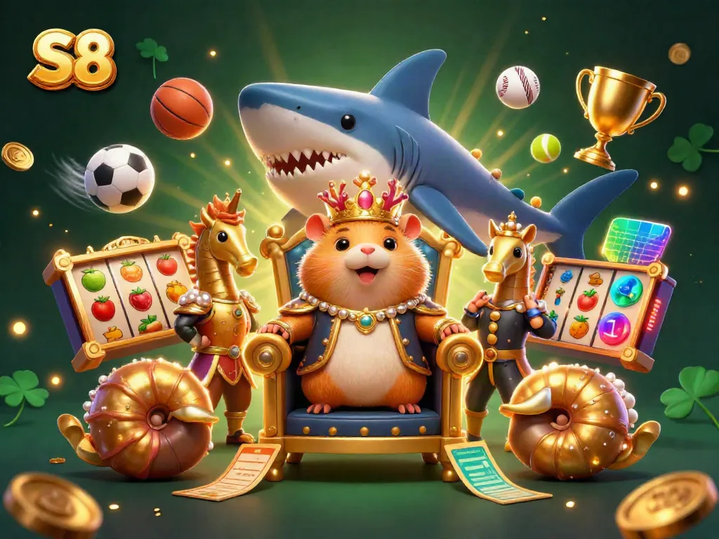 S8 online casino featuring a golden hamster king seated on a megalodon throne surrounded by slot reels and casino elements.