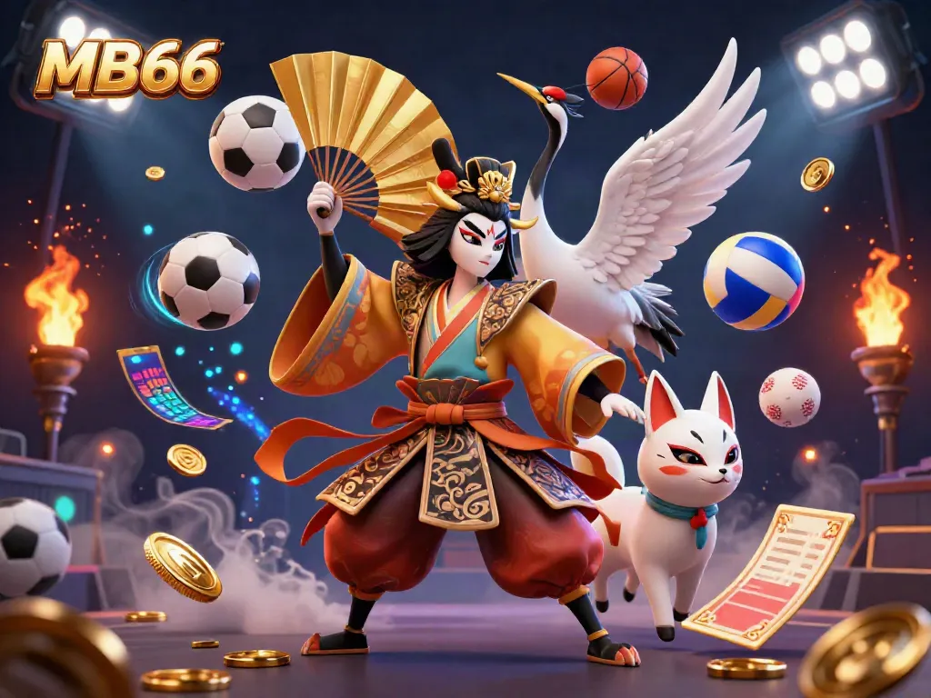 Experience thrilling gameplay at MB66 with a dynamic scene of kabuki warriors, sports elements, and casino excitement.