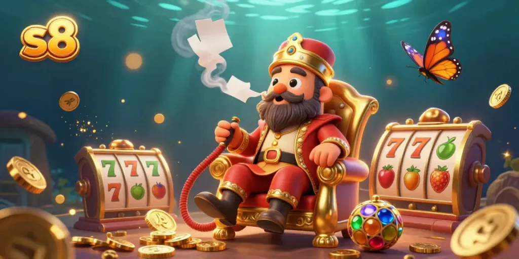 Engage in thrilling gameplay at S8 with a vibrant casino scene featuring intricate slot reels and games.