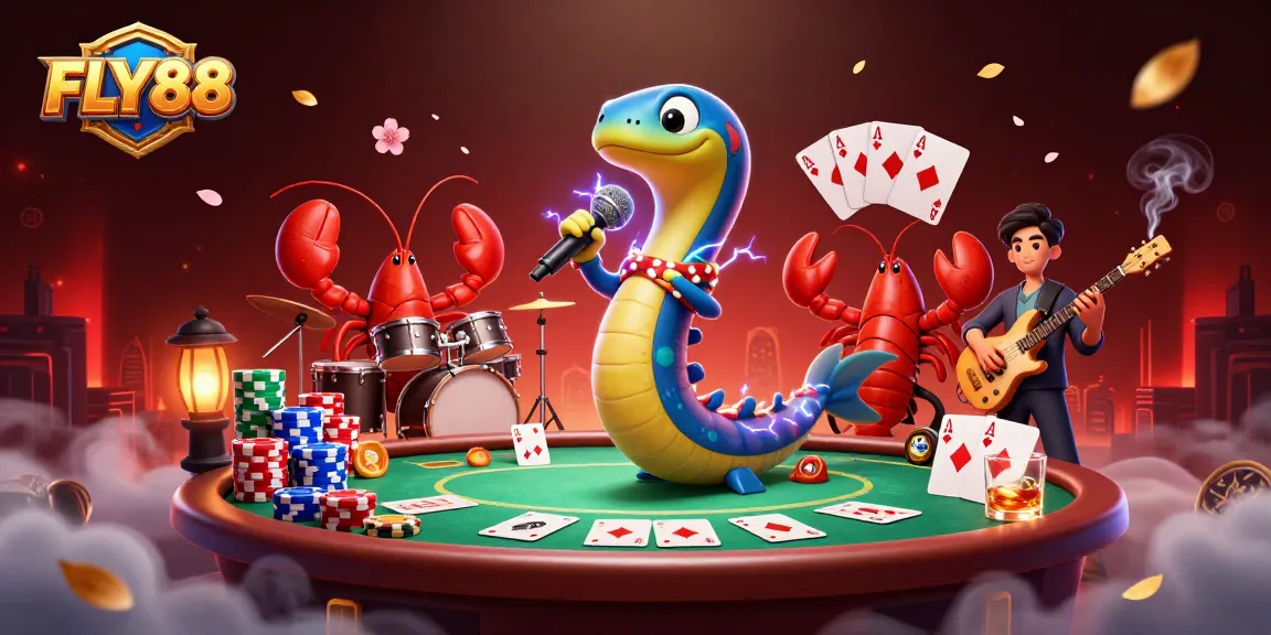 FLY88 transforming the underwater gambling scene with an electric eel DJ and lively band at an energetic casino party.
