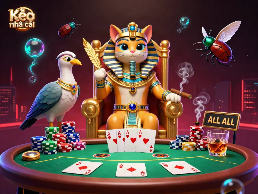Kèo nhà cái visualization with Egyptian cat pharaoh and poker elements for gamblers.