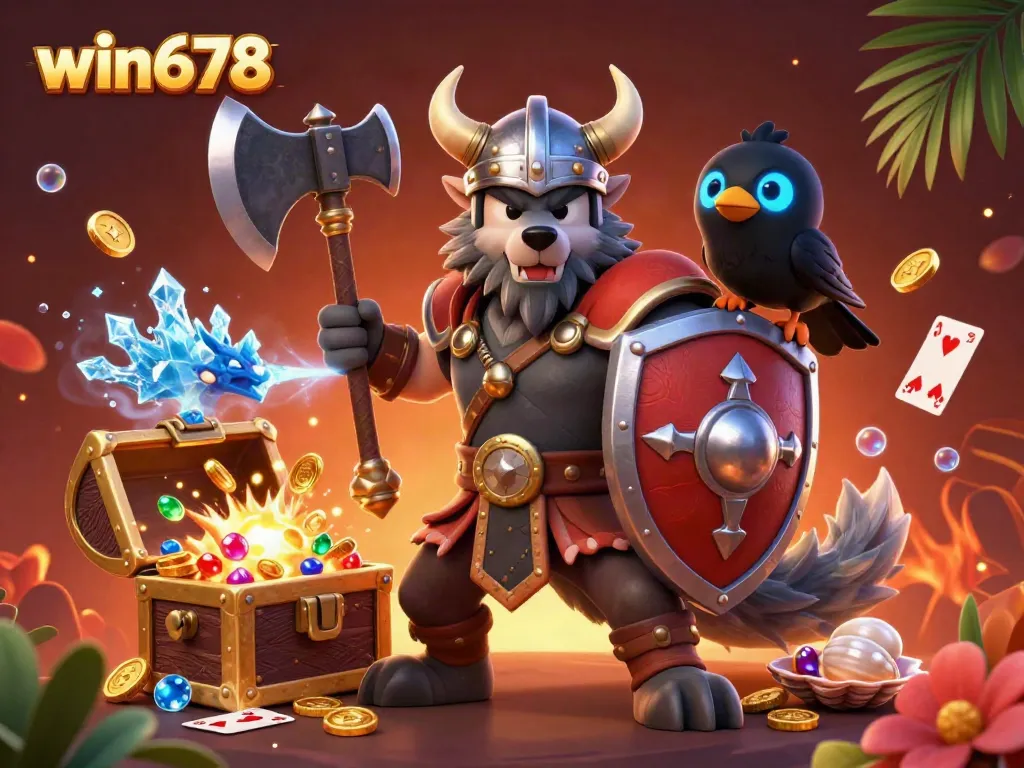 Engage with win678 casino excitement featuring a Viking warrior, dragon, and vibrant treasure elements.