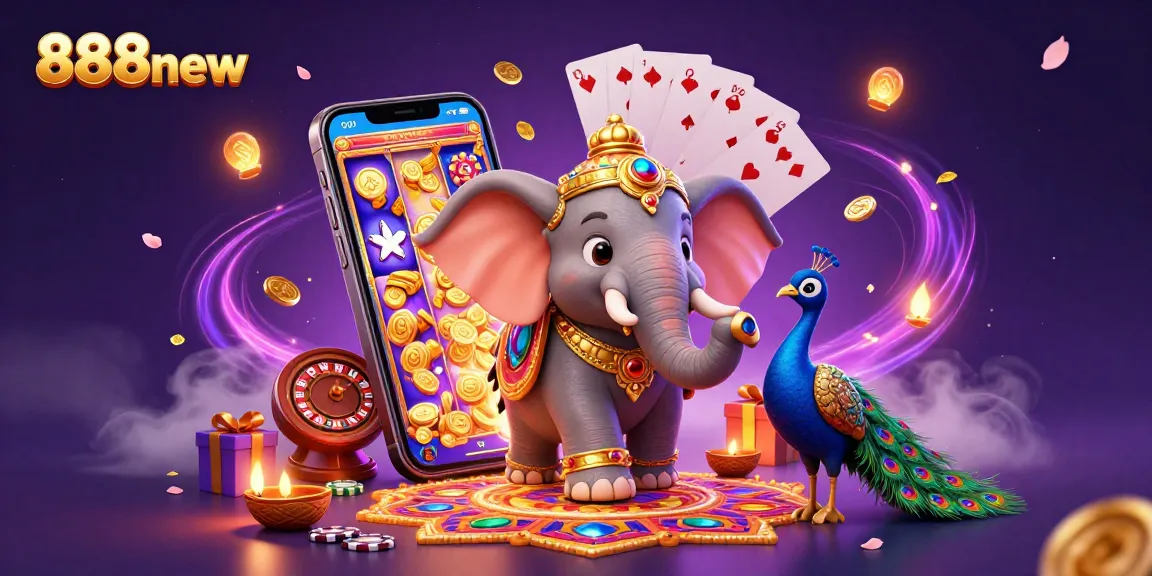 Experience vibrant 888new gaming excitement with a dynamic scene of slots, cards, and enchanting characters.