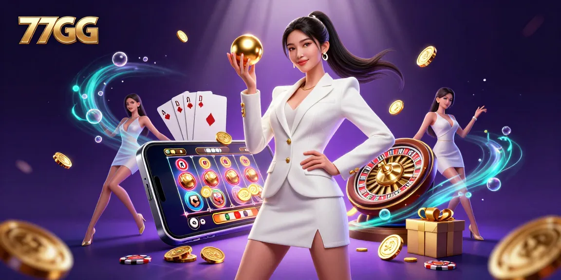 Engage with 77GG's vibrant betting scene featuring a stylish Asian woman and dynamic casino elements.