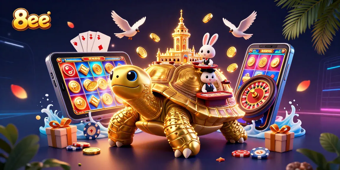 Experience excitement at 8eee with a gleaming tortoise casino scene filled with games and winnings.