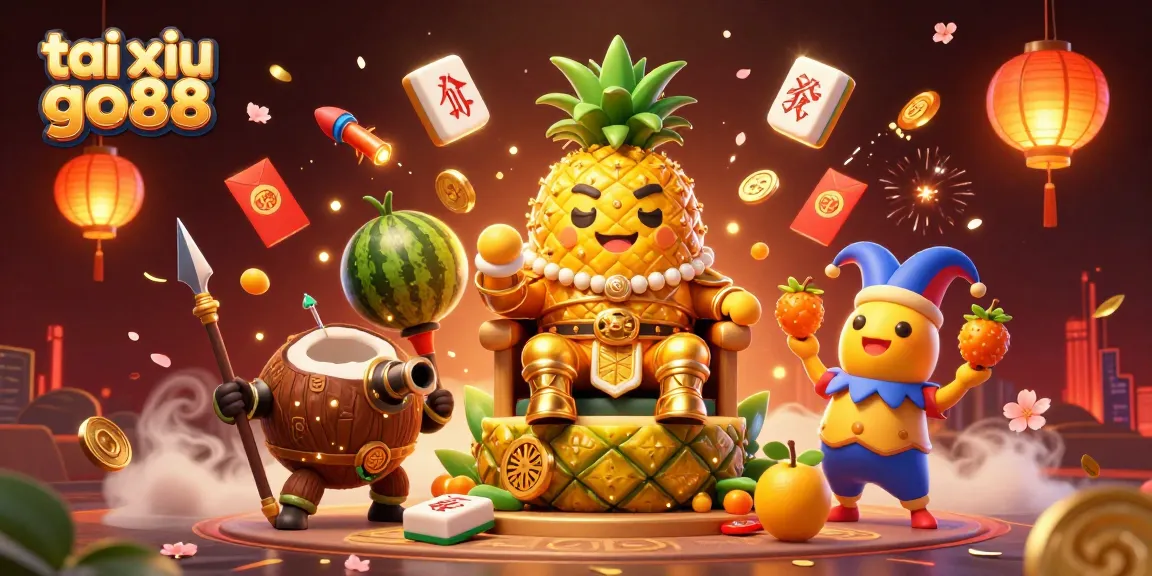 Engage with tai xiu go88 in this vibrant casino scene featuring a golden pineapple king and exciting game elements.