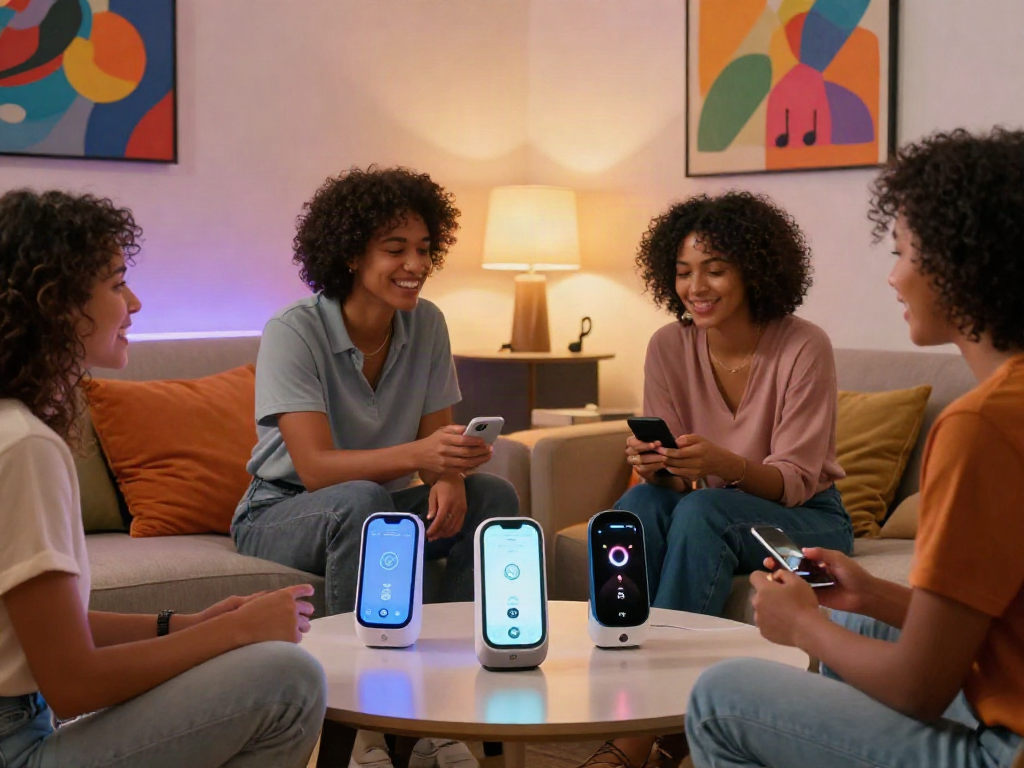 Friends exploring AI sex technology in a modern lounge, showcasing innovative devices.