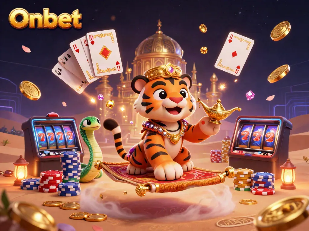 Engage in captivating Onbet gaming with a vibrant desert scene featuring a tiger sultan, coins, and poker chips.