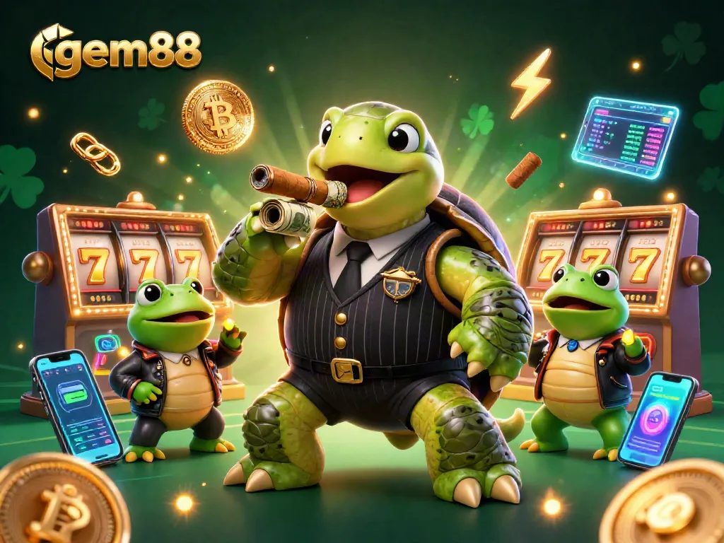 Experience excitement at gem88 with bold slot reels and characters in a vibrant, casino-themed 3D scene.