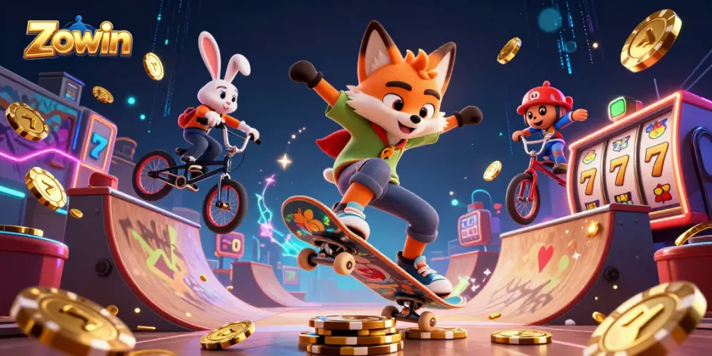 Zowin features a skateboarder fox kicking over poker chips, surrounded by lively casino elements.