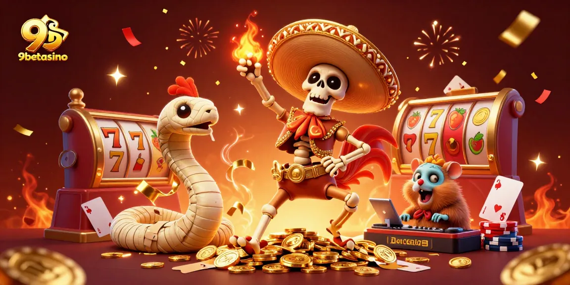 Experience the vibrant atmosphere of 9betcasino with festive characters celebrating among winning slots and dazzling confetti.