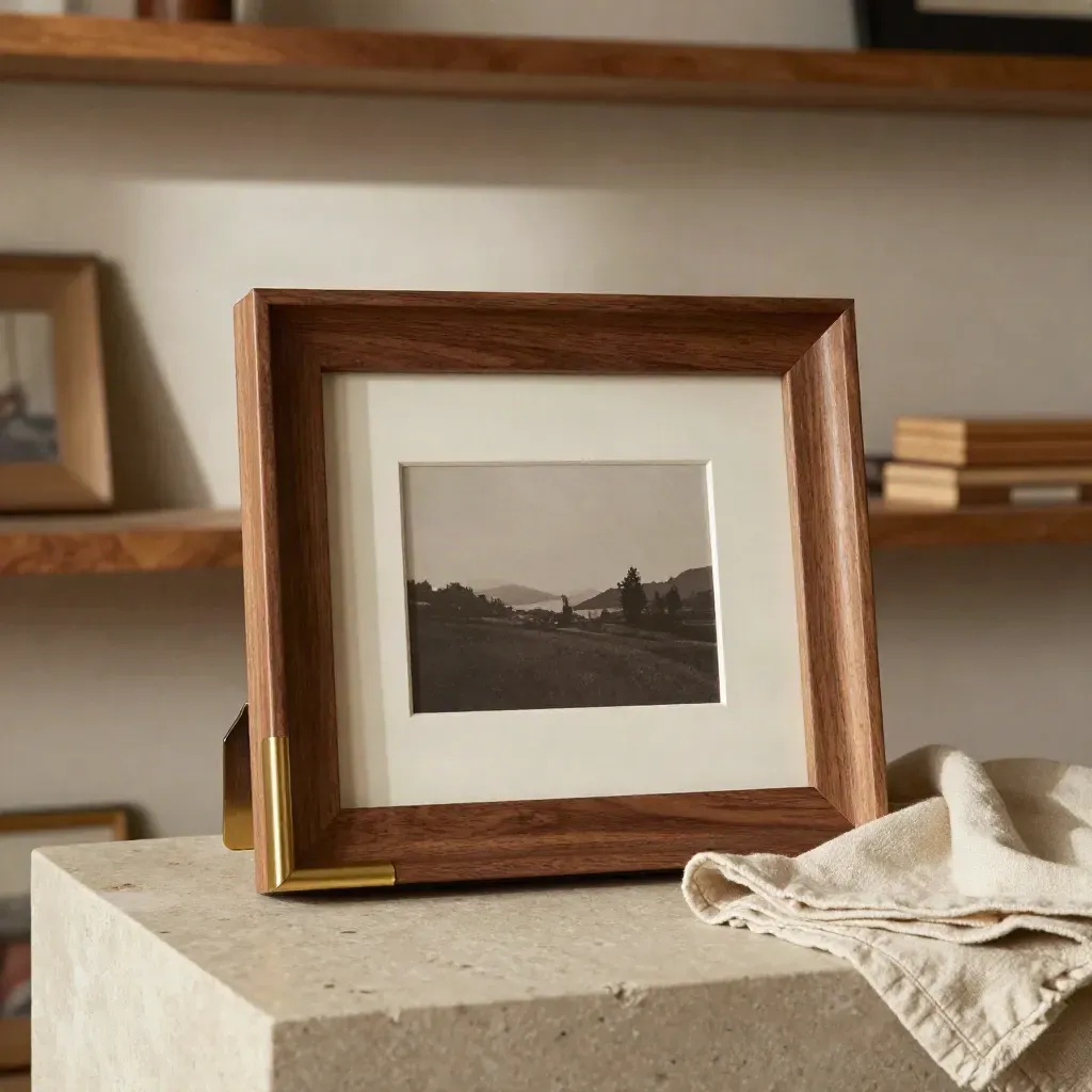 Walnut picture frame on stone plinth with oak moulding, brass sample and linen cloth.