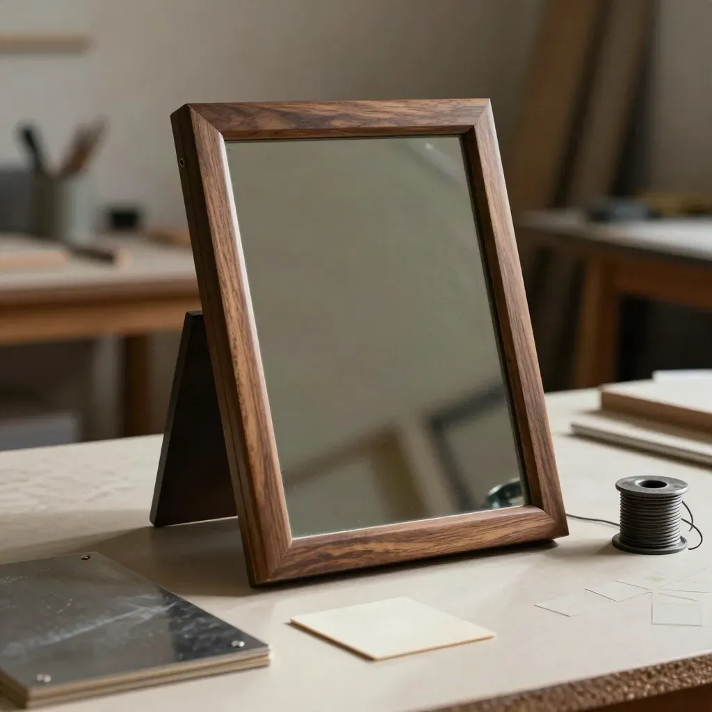 Walnut mirror frame with bevelled glass, corner pads and felt pads leaning on a plaster-lime worktable.