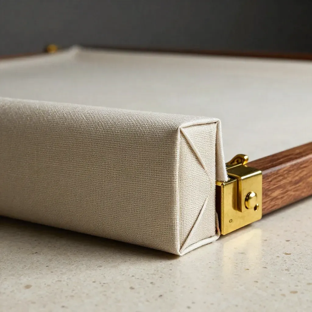 Taut linen canvas on stretcher bars beside brass clamps and a rolled canvas.