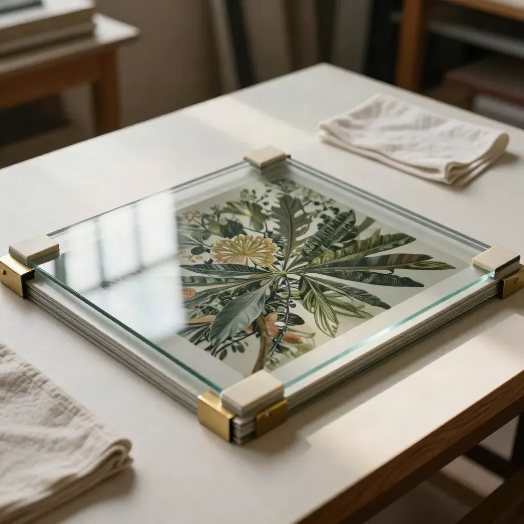 Top-down frame glazing stack with UV glass, archival spacers and protected print on a pale bench.