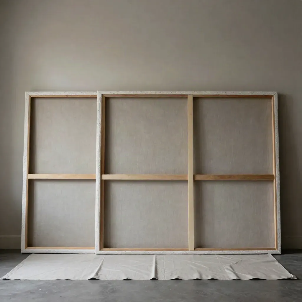 Three stretched canvases lean ready in a quiet gallery, lit by soft daylight.