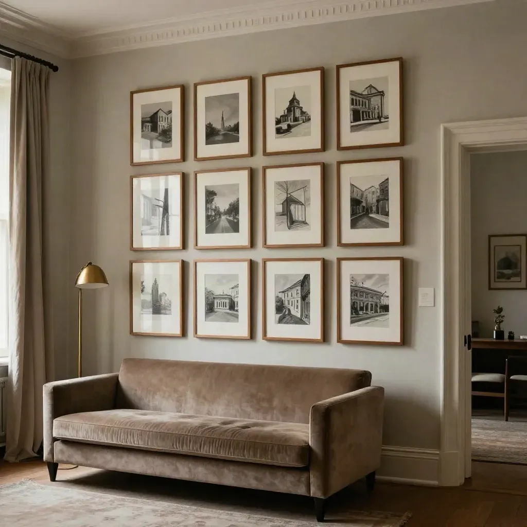 Framed gallery wall above a velvet sofa in a calm Soho flat, seen from the doorway.