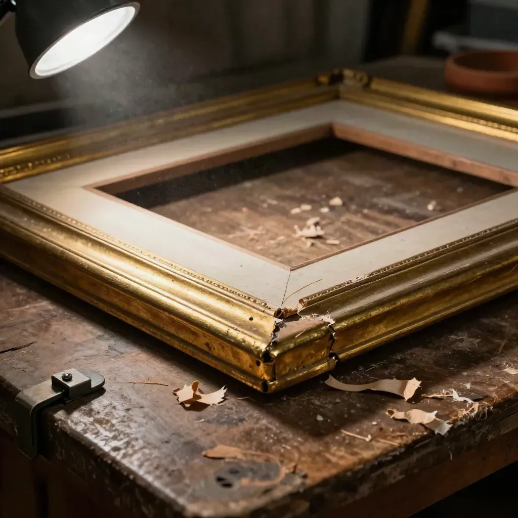 Damaged gilt frame with filler block and backboard in a dim repair bay.