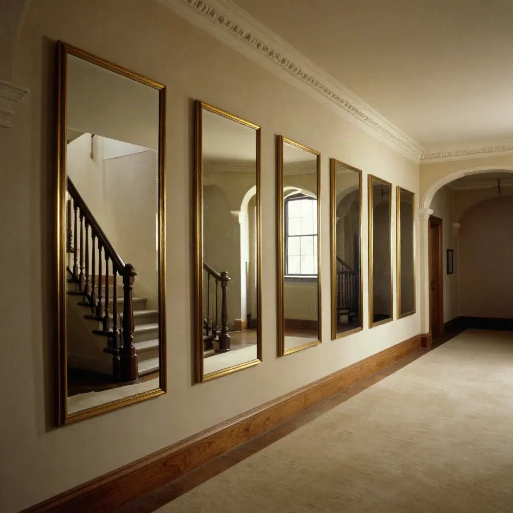 Victorian hall with six fitted mirrors above a runner, reflections gliding through the passage.