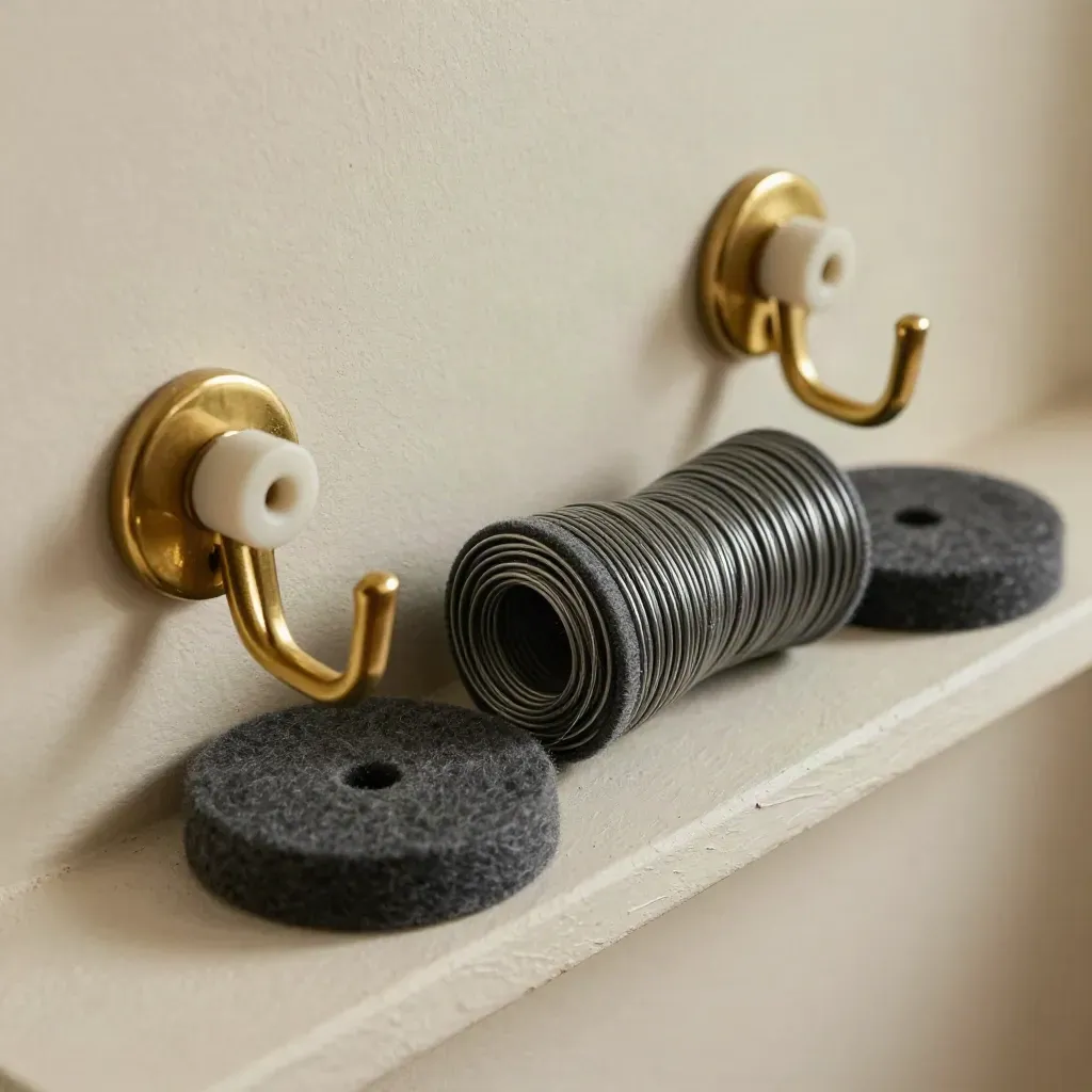 Macro of frame-fitting supplies: hooks, plugs, felt pads and wire on pale plaster.