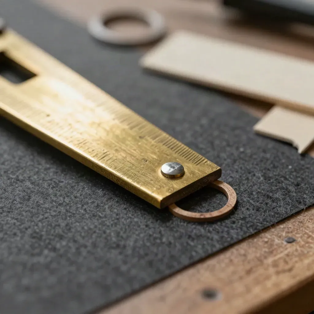 Brass mitre template and bevel with moulding offcuts on dark felt