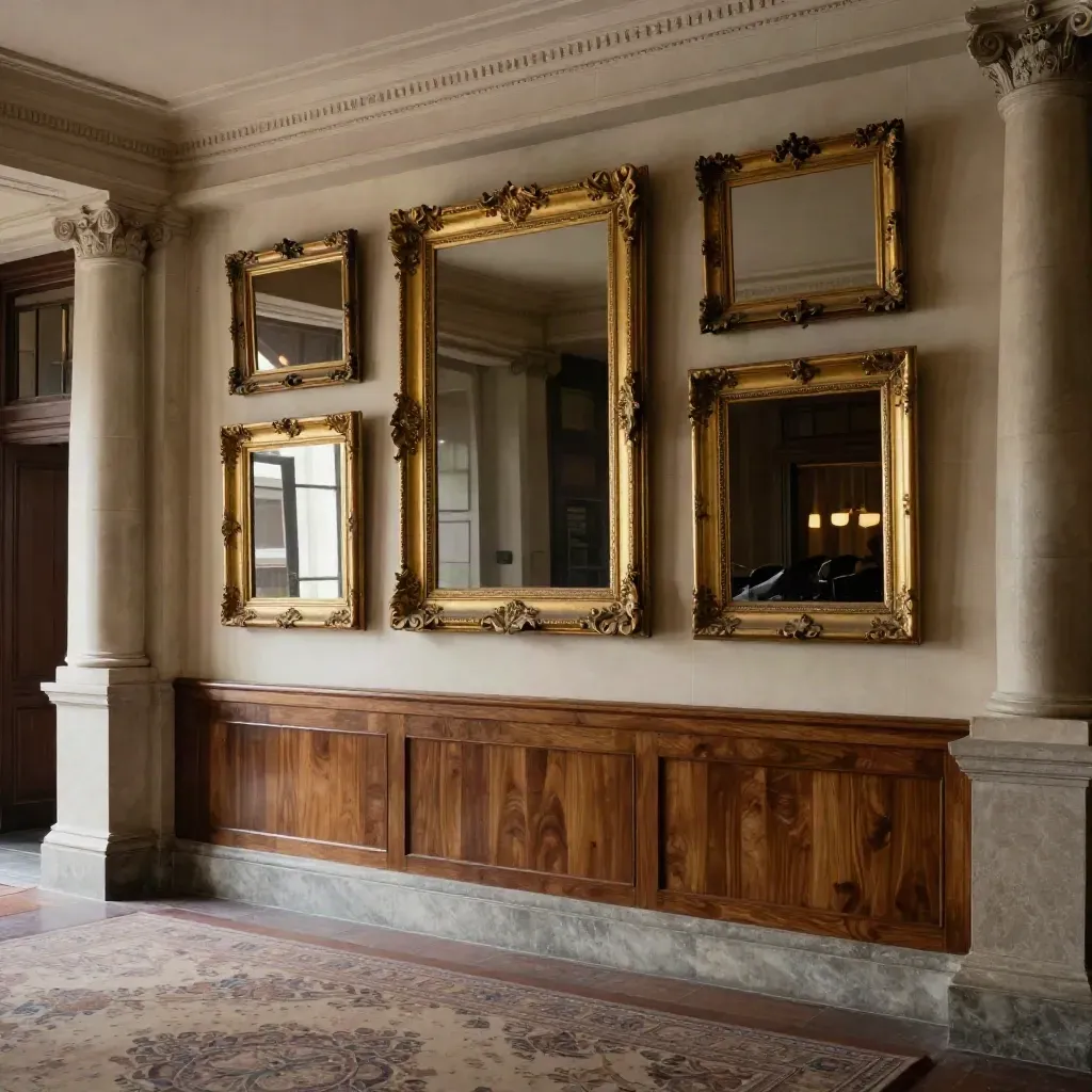 Restored gilt frames gleam above stone columns in a dark hotel lobby.