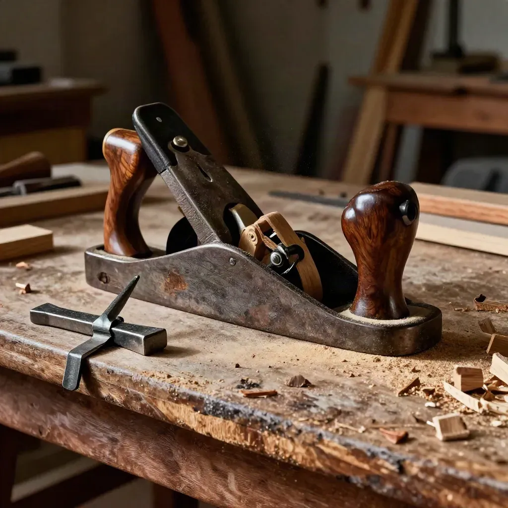Bench plane and corner clamp on a maple workbench with sawdust and hardwood offcuts