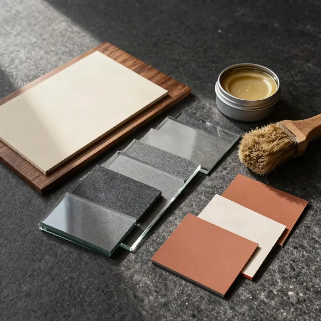 Top-down spread of frame samples, glazing edges, wax tin and brush on dark stone.