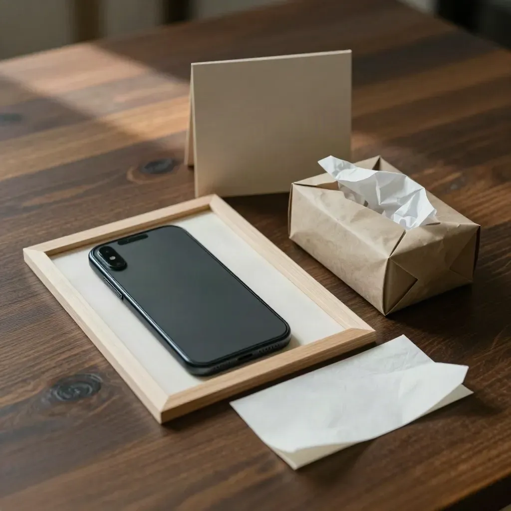 Face-down phone beside frame sample and parcel box on dark oak with soft daylight.