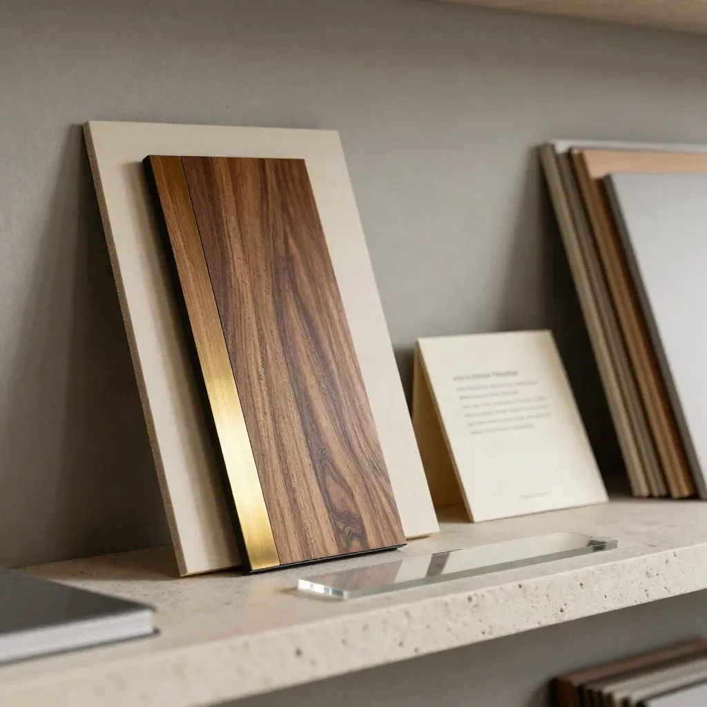 Frame material swatches on a stone shelf with brass, walnut and mountboard samples