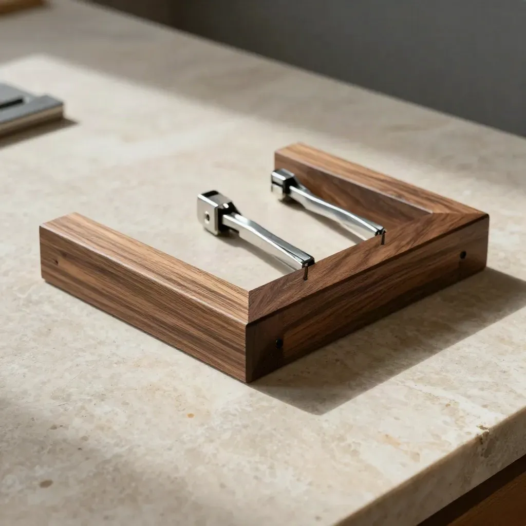 Overhead flatlay of mitred frame corners, clamps, corner keys and glue block on pale stone