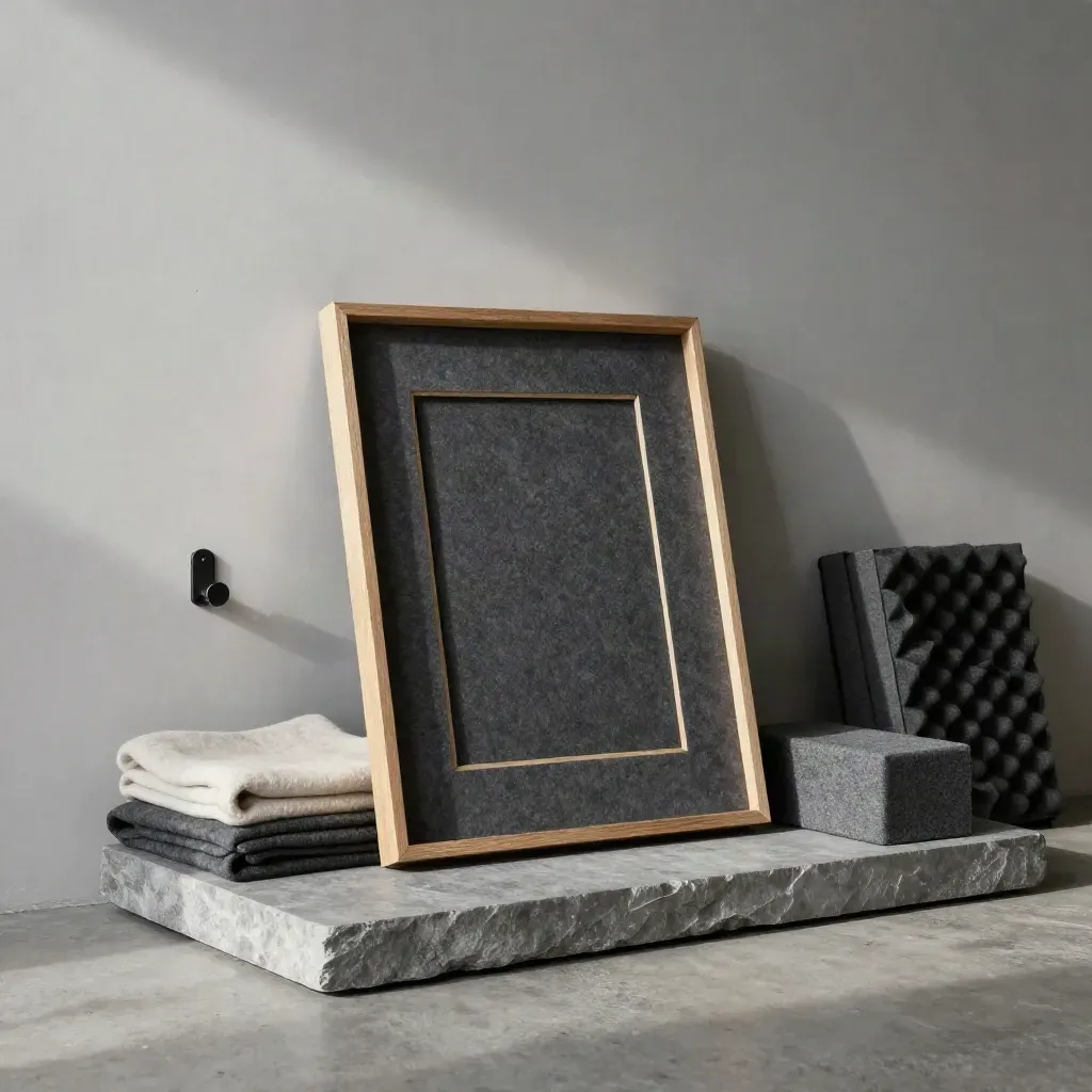 Wrapped framed artwork in a delivery tray with felt blankets and fitting hardware on concrete.