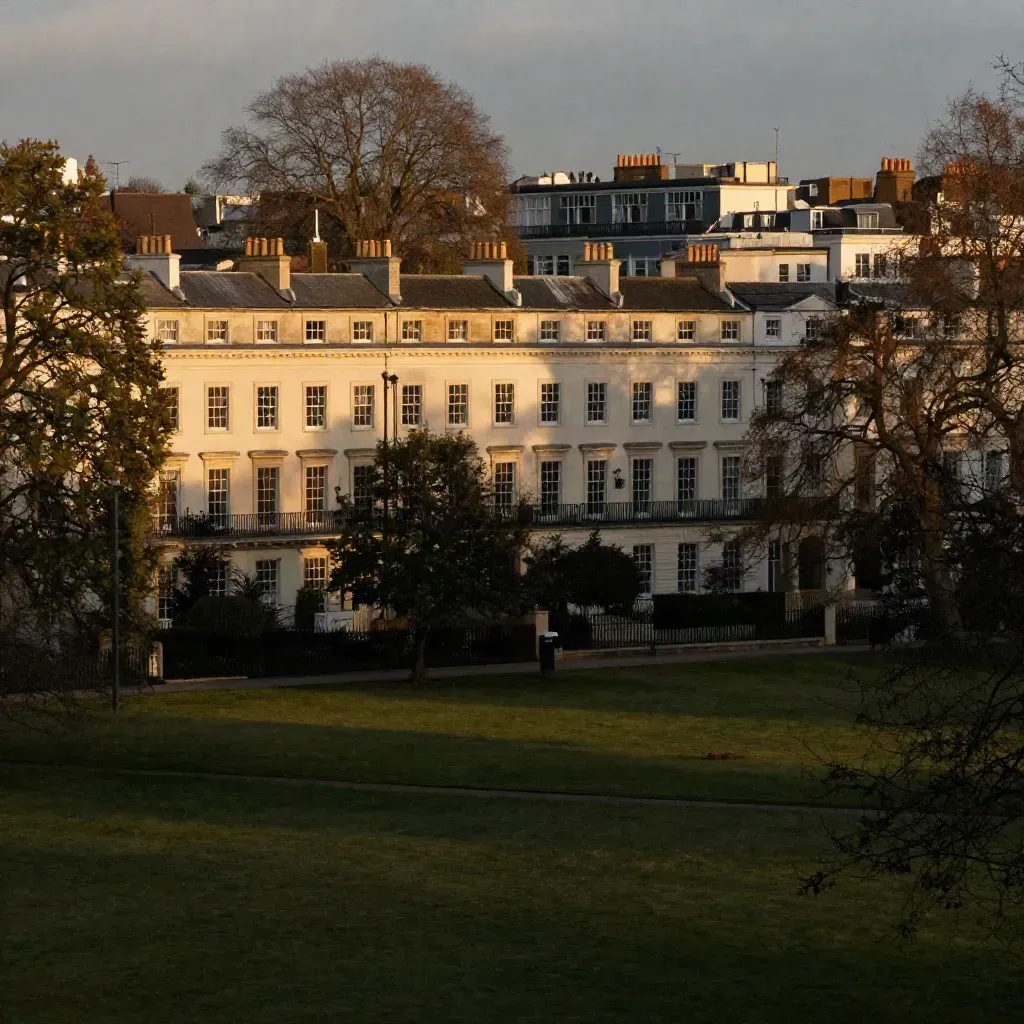 West London terraces and plane trees glowing at sunset above calm parkland haze