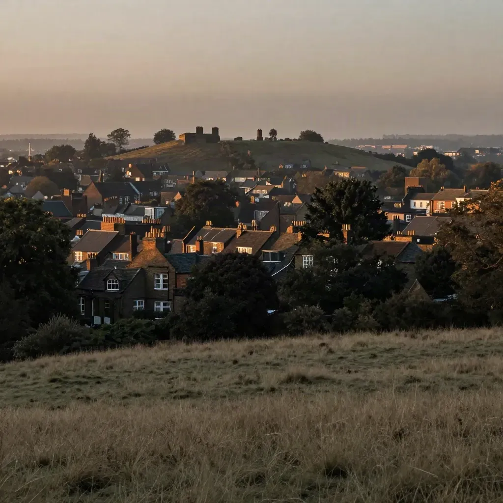 Hazy dusk view of Hampstead ridge, brick rooftops and distant city line over calm hillside