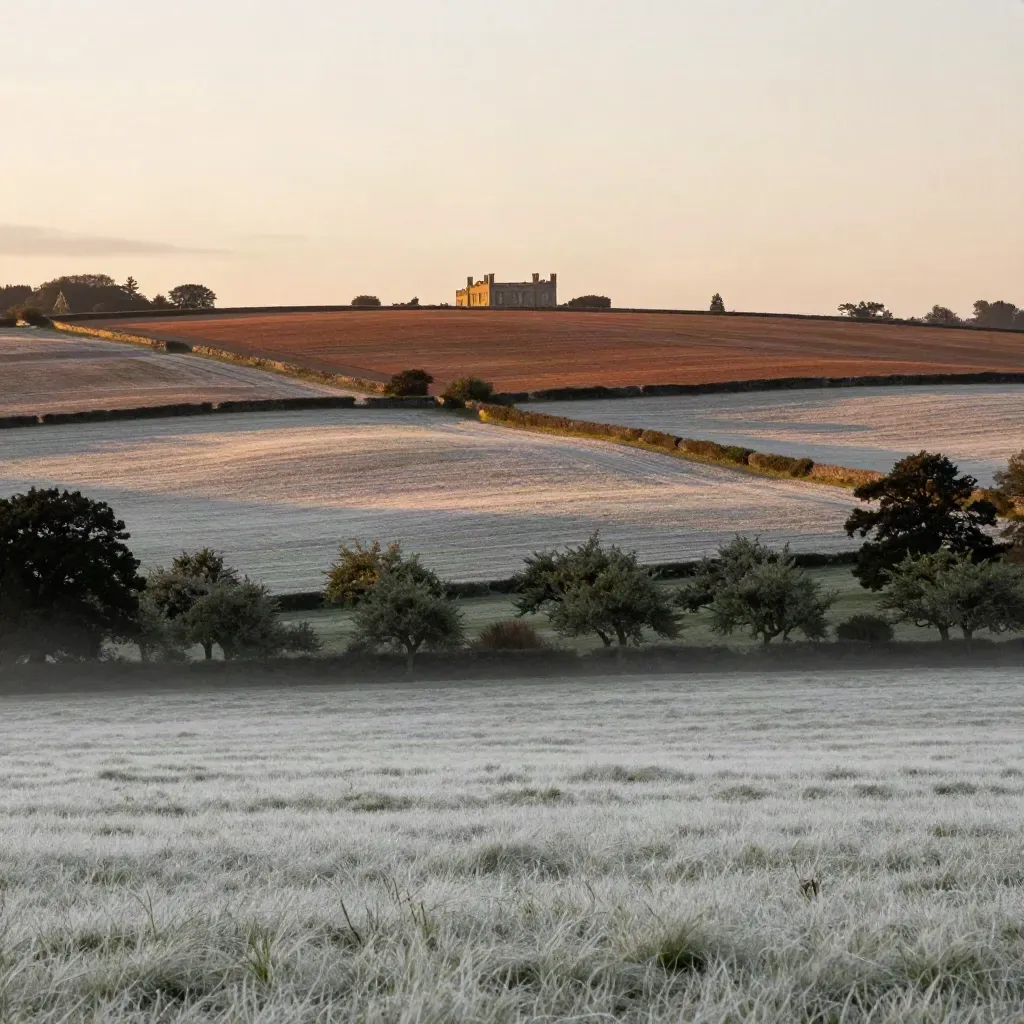 Evening chalk fields and a distant manor roofline above calm misty ground for copy
