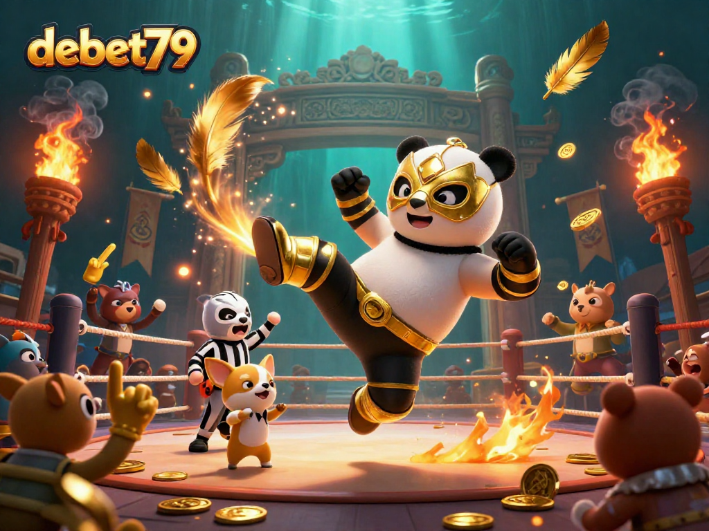 Bet on debet79 with our animated racing panda and cheering animal fans in a dramatic arena.