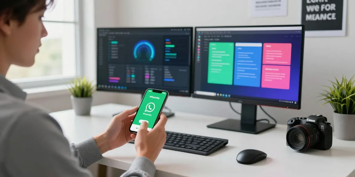 Person downloading WhatsApp下載 on smartphone in a modern workspace.