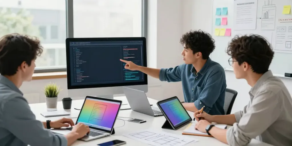 Collaborative team publishing a SaaS article in a modern workspace, focused on content strategy.