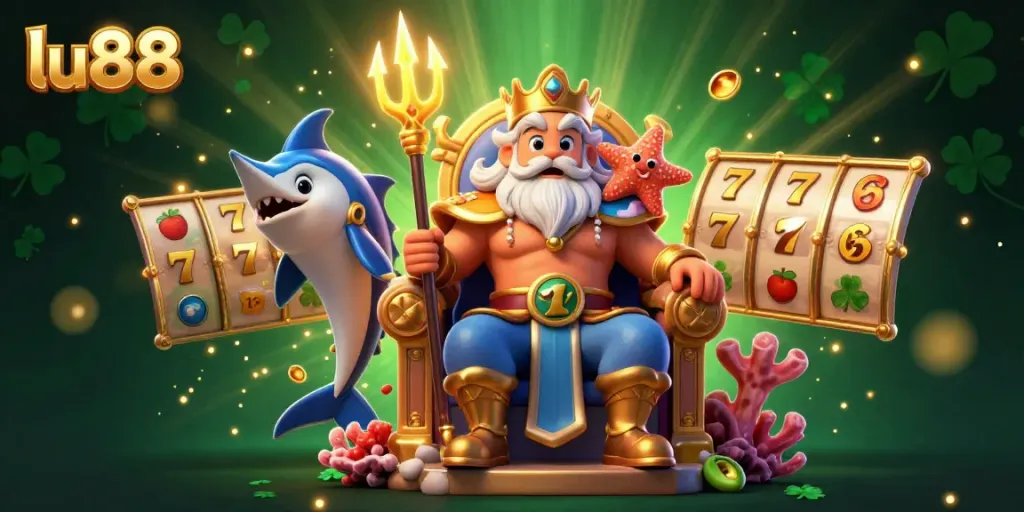 Experience thrilling gameplay at lu88 with 3D Neptune and slot elements in an immersive casino setting.